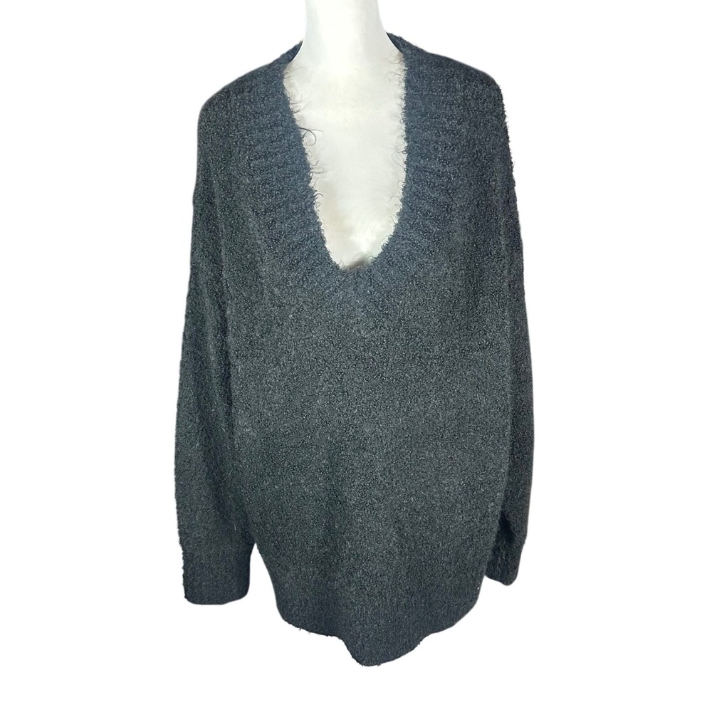 Aerie Sweater Women XL Charcoal Deep V-Neck Oversized Textured Knit Pullover